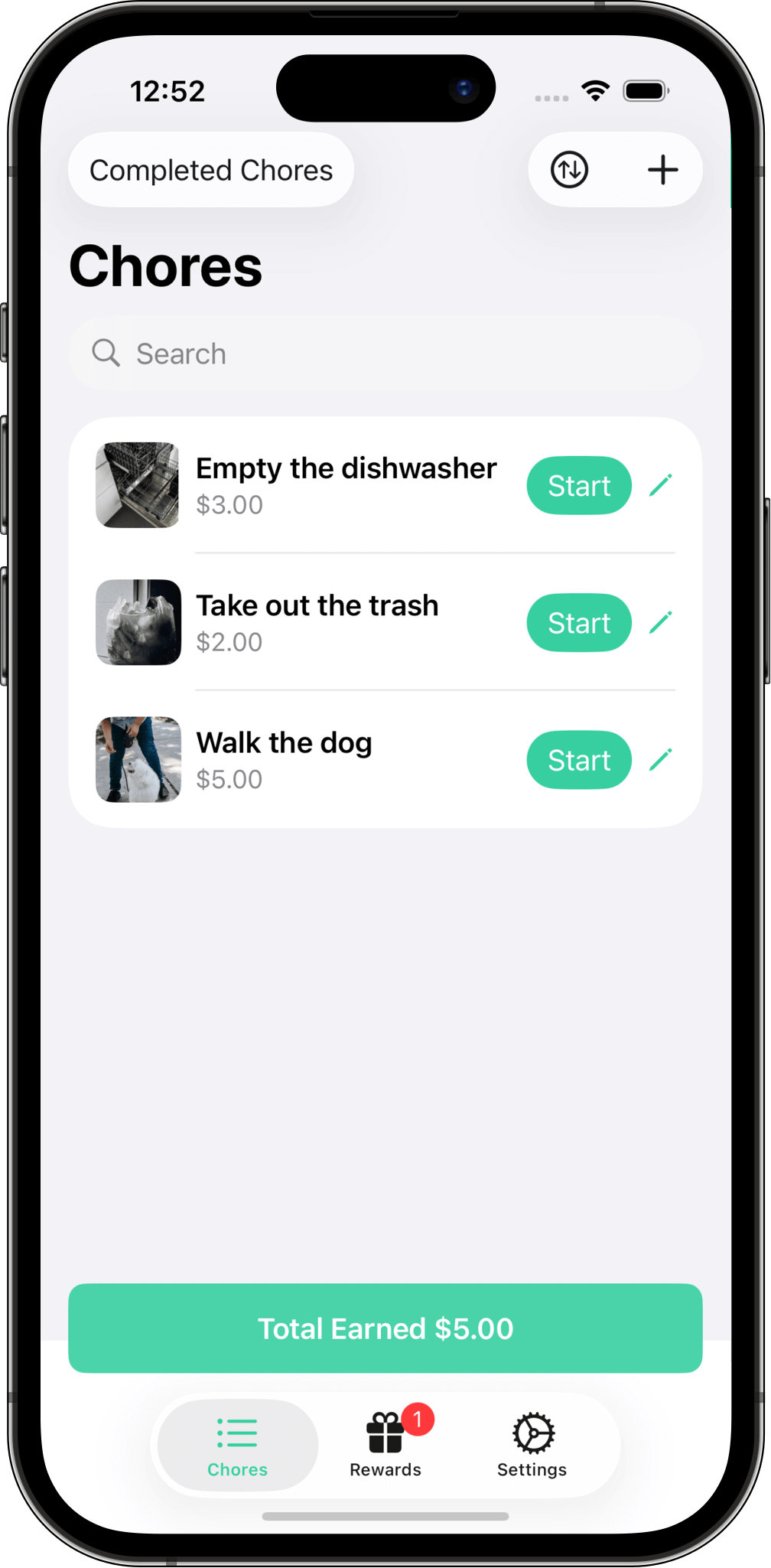 Create and start chores in Chore and Reward Screenshot of the chore overview in Chore & Reward with a button to start chores like “Empty the dishwasher” and a display showing the amount earned.