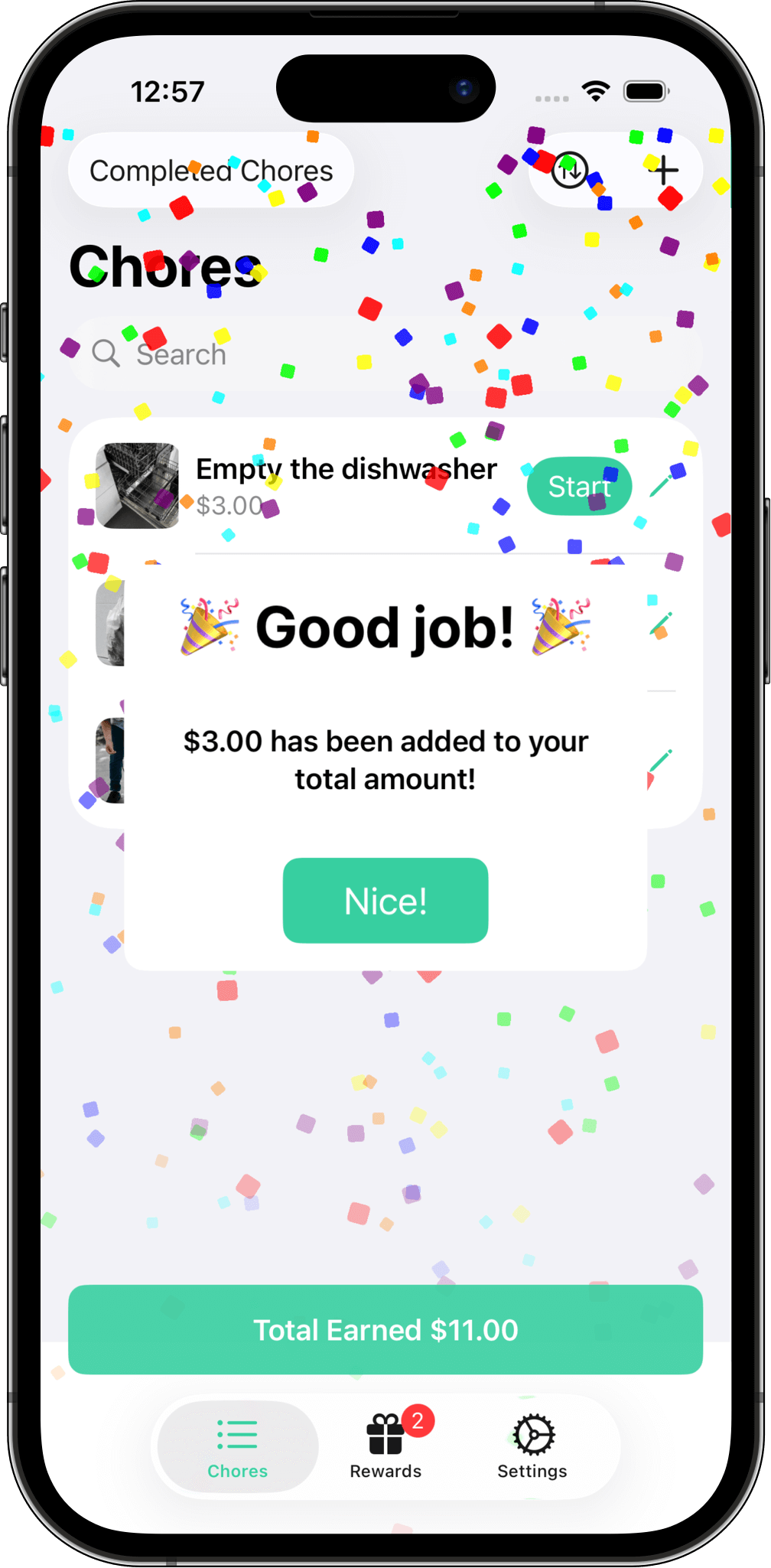 Great job! Earn money and get praise in Chore and Reward Screenshot with confetti and a reward message after completing a chore in Chore and Reward.