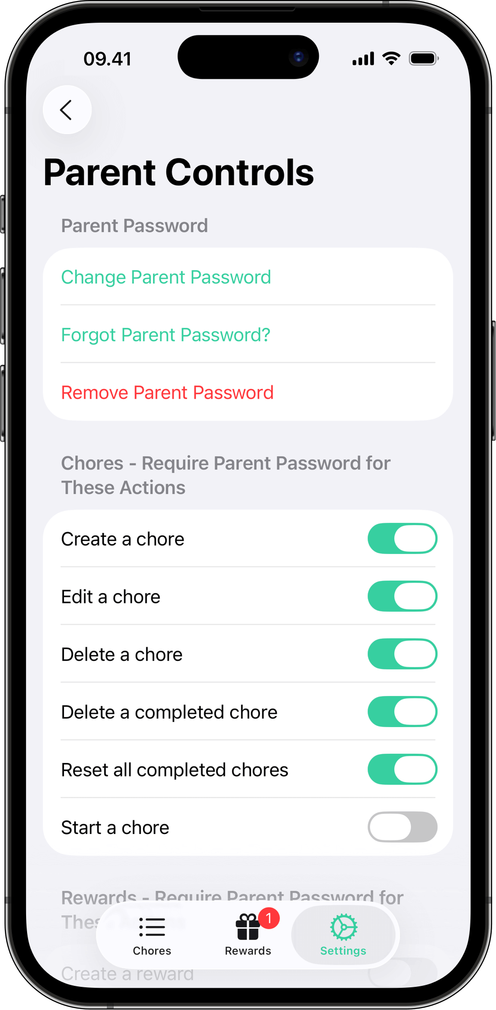 Parental controls – Protect important actions in the Chore and Reward app Screenshot of the parental control settings in Chore and Reward, where a password can be required to create, edit, or delete chores and rewards.